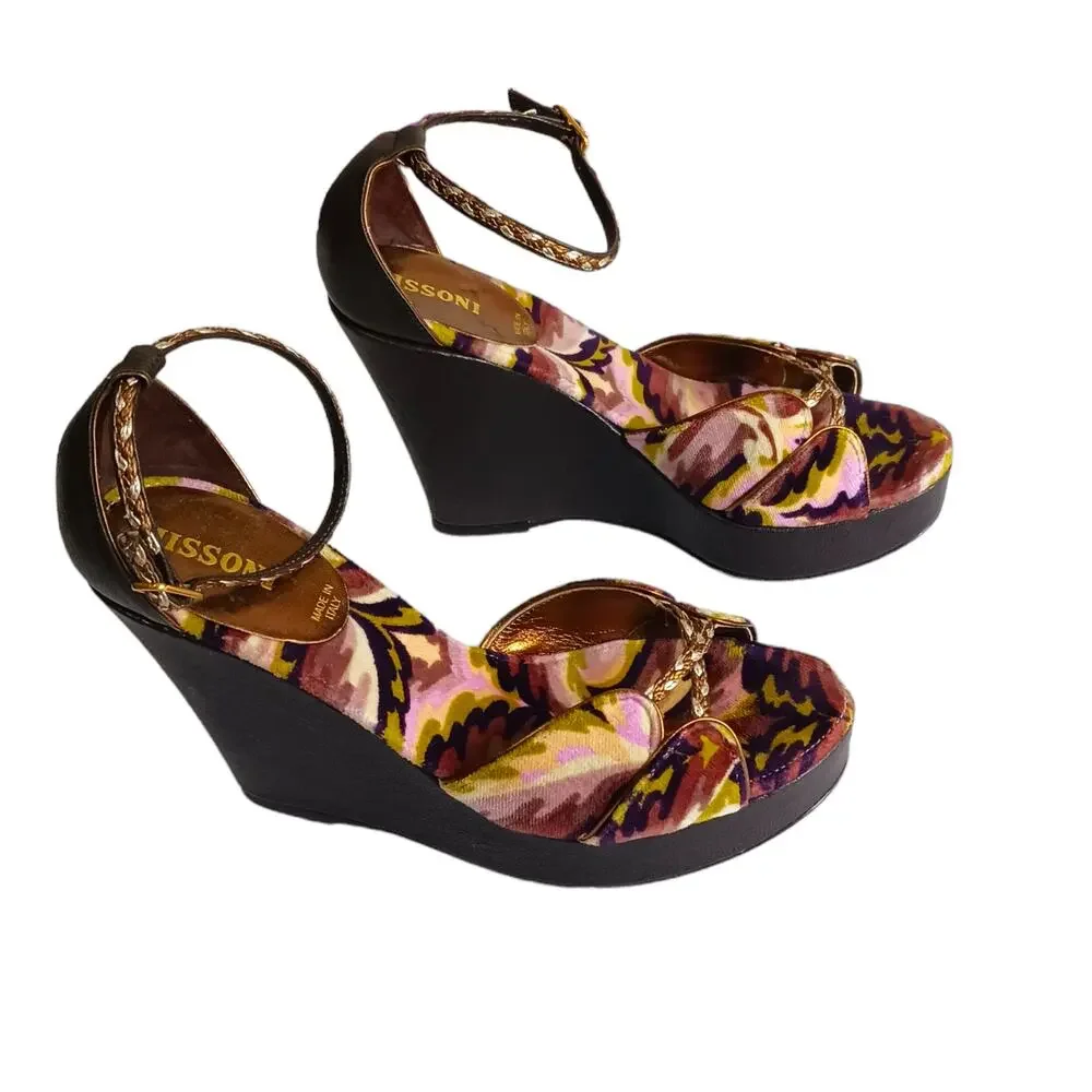 MISSONI Colorful Velvet Heel Sandal 35 High Wedge Ankle Straps Purple Green Gold